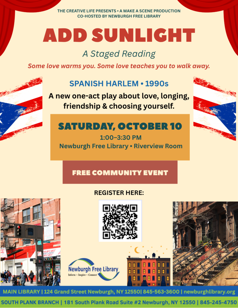 Add Sunlight staged reading presented by Make a Scene Productions at Newburgh Free Library on October 10, 2026.